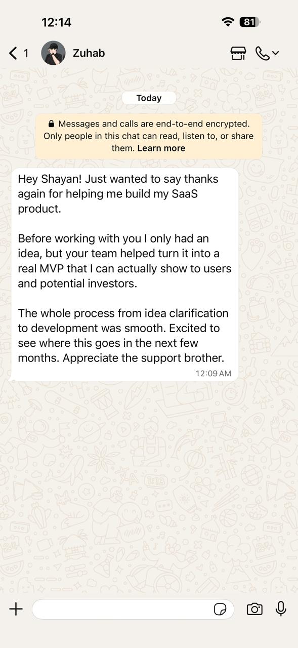 Founder thanking the program after turning an idea into an MVP